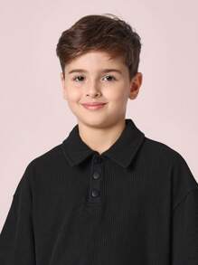 SUMWON Oversized Ribbed Knit Polo Shirt Youth Teen Athletic Casual Short Sleeve School Uniform Sport Classic Preppy Smart Everyday Wear Spring Summer - Black - View 4