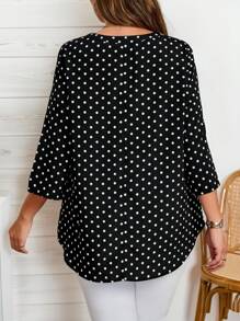 SHEIN CURVE+ 大码女式圆点印花缺口领卷袖休闲衬衫 - 黑與白 - 查看 2