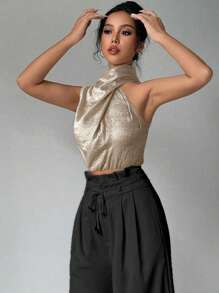 Firerie 女士金色优雅通勤领衬衫，不对称无袖上衣，适合春季、夏季、秋季，适合日常、通勤、派对、返校、婚礼季节、表演服装 - 金色 - 查看 5