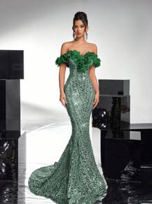 Glamrae 优雅奢华的露肩 V 领图案亮片和欧根纱美人鱼礼服，适合婚礼、单身派对、节日、舞会、宴会、派对礼服、婚礼宾客礼服、晚礼服 - 綠色 - 查看 4