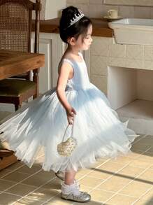 DAZY Young Girl Elegant Solid Color Mesh Patchwork Dress,Girls Summer Outfits - Blue - View 5