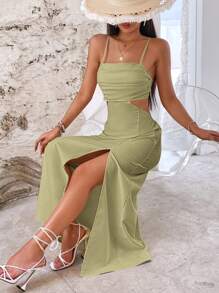 SHEIN VCAY Vacation Casual Solid Color Backless High Slit Strap Dress,Sage Green Dress - Mint Green - View 3