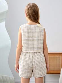 SHEIN Leap Crew Tween Girls Fashionable Front Button Sleeveless Top And Straight Leg Shorts Set - White - View 2