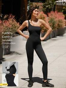 GLOWMODE 24" FeatherFit™ Mono deportivo de control de barriga con cuello asimétrico, ajuste bajo impacto, yoga, uso diario de verano
