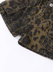 SHEIN 年轻女孩豹纹3D工装牛仔短裤，甜美街头风格 - 咖啡棕 - 查看 4