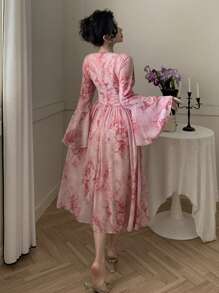 Wynsel Women's Elegant Ditsy Floral V-Neck Ruffled Hem Mid-Length Dress, Spring/Fall Long Sleeve Dress Easter - Pink - View 2