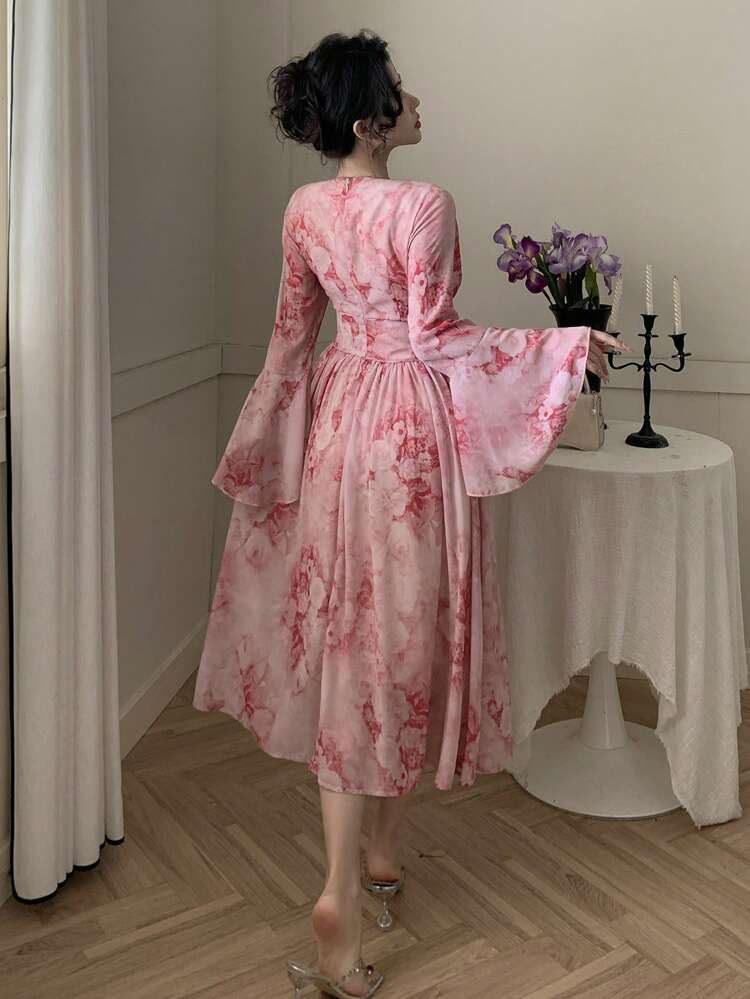 Women's Elegant Ditsy Floral V-Neck Ruffled Hem Mid-Length Dress, Spring/Fall Long Sleeve Dress Easter Maxi Dress