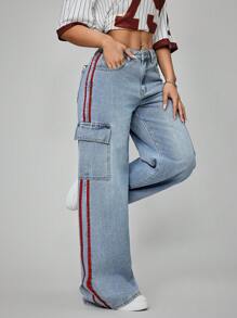 SHEIN EZwear Women's Solid Color Patchwork Front Button Casual Jeans, Everyday Wear - Blue - View 1