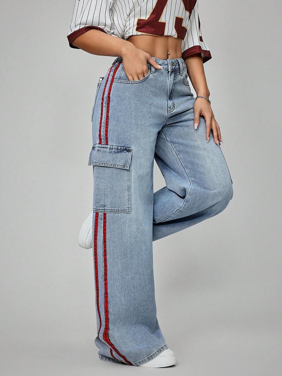 SHEIN EZwear Women's Solid Color Patchwork Front Button Casual Jeans, Everyday Wear - Blue - View 1