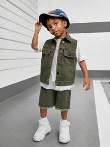 Conjunto de 3 piezas para niño pequeño: Camiseta blanca de cuello redondo clásica, chaleco vaquero con estampado verde lavado y pantalones cortos vaqueros con flecos, para edades de 4 a 7 años, vestimenta cómoda para uso diario en primavera/verano - Verde - Ver 4