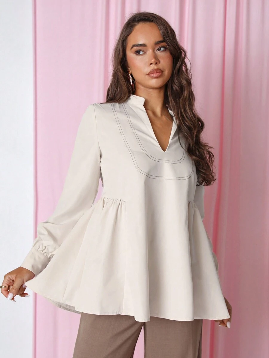 COSMINA Camicia minimalista a manica lunga in patchwork di linea per donna, casual per uso quotidiano - Albicocca - Visualizzare 1