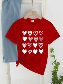 Sparklyn Valentine's Day, Valentine's Day Girls' Casual, Fashionable, Creative, Unique, Fresh, Sophisticated, Simple, Colorful, Cartoon Style, Printed Casual Basic Short T-Shirt, Comfortable To Wear, Valentine's Day Atmosphere, Suitable For Girls' Holiday Outfits, Outing Tops. - Burgundy - View 3