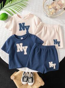 SHEIN 4pcs Set Of Baby Boy/Girl Letter Print Knit Soft Round Neck Short Sleeve Drop Shoulder Top And Elastic Waist Shorts