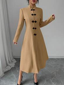 Elenzga Elegant Stand Collar Color Block Chinese Style Button Down Cinched Waist Long Thick Woolen Coat For Women, Autumn/Winter