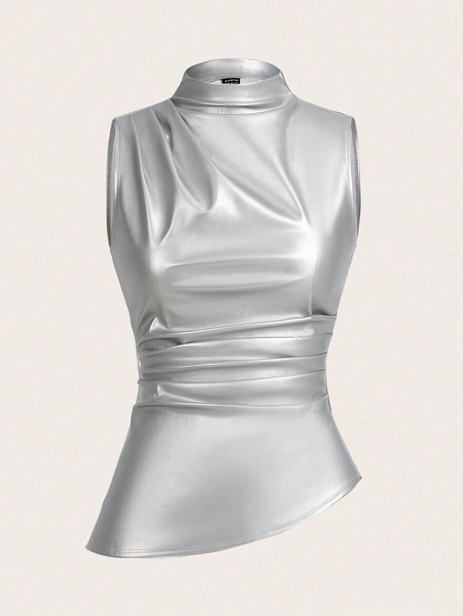 SHEIN Essnce Áo tank top nữ thời trang thường ngày thập niên 90, phong cách đường phố, thích hợp mặc mùa xuân thu, màu trơn, cổ xếp ly, chất liệu PU, không tay, thích hợp đi chơi, áo nữ mùa thu. - Bạc - Xem 1