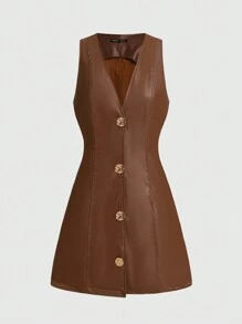 SHEIN Essnce Women's Solid Color Front Button Simple Casual Short Dress - Brown - View 2