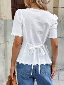 Pariaura Women's Elegant French Lace Patchwork Cotton Short Sleeve Blouse