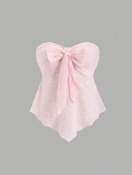 Sweetra Textured Fabric Knot Front Strapless Top Y2K Outfit 