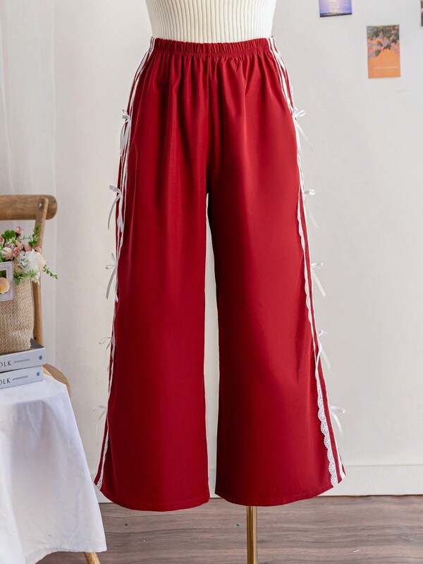Soleia WYWH Plus Size Women Beach Casual Dantela Pantaloni, Decorat cu fundă Pantaloni lungi pentru petrecerea timpului liber