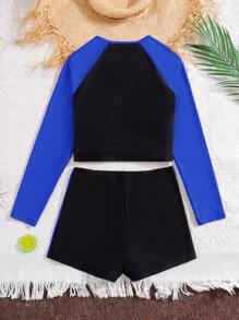 SHEIN Leap Crew 少女两件套泳衣套装，粉色和黑色拼色，插肩袖，舒适贴身，适合夏季海滩 - 藍色 - 查看 2