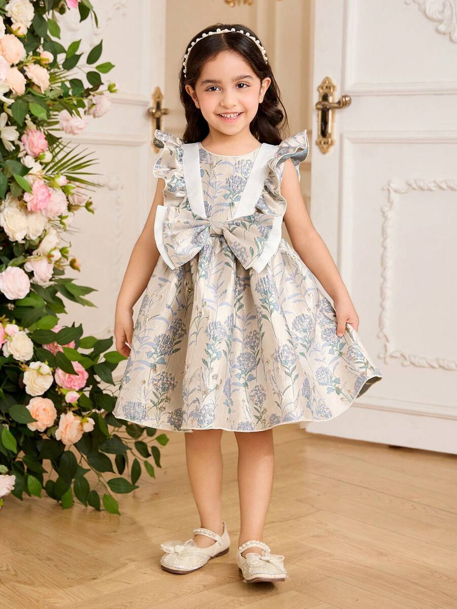 SHEIN Glamorique Kids Flower Girl Birthday Party Wedding Occasion Dress, Girls' Floral Embroidered Bowknot Puffy Sleeve Mesh Tulle Formal Party Dress, Suitable For Special Events, Stage Performance, Photo Shoots, All Seasons Including Easter - Blue - View 1
