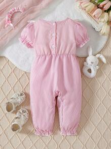 SHEIN Infant Girls' Minimalist Striped Cute Bow One-Piece Jumpsuit - Pink - View 2