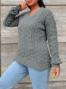 EURMUSE Plus Cable Knit Drop Shoulder Sweater, For Winter - Grey - View 4