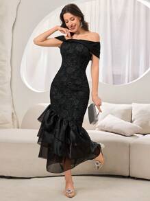 Modelyn 女士纯色露肩网眼拼接休闲连衣裙 - 黑色 - 查看 3