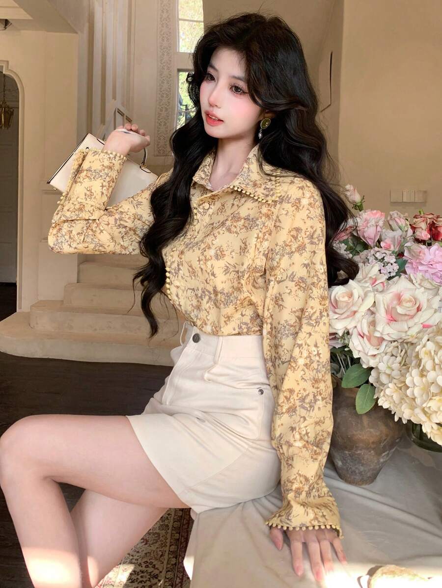 DAZY Floral Print Lantern Sleeve Collared Women's Shirt,Fall Women Clothes Long Sleeve Top - Yellow - View 1