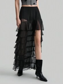 Ontre 女士优雅纯色多层荷叶边下摆高开叉 A 字裙，复古/怀旧风格