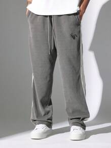 SUMWON Premium Ribbed Drop Crotch Athletic Jogger Sweatpants With Side Stripe Detail, Casual Streetwear Training Pants For Workout Loungewear Urban Fashion - Dark Grey - View 2