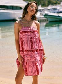 SHEIN VCAY Vestido corto de verano sin mangas con volantes y estampado tropical para mujer