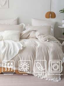 Bộ chăn ga gối đệm Polyester trơn màu be 3 món (1 vỏ chăn + 2 vỏ gối, không ruột), phong cách cổ điển tối giản, Polyester mềm mại và thân thiện với da, thích hợp cho phòng ngủ, mọi mùa - Màu be - Xem 3
