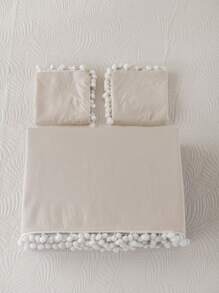 1 Set Beige Fluffy Ball Duvet Cover Set, Bohemian Farmhouse Style Bedding 3 PiecesSet, Fluffy Ball Decor, Soft Microfiber Duvet Cover, Unisex, Includes 1 Duvet Cover And 2 Pillow Shams, Comforter Insert Not Included