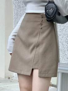 Dazy Star 纯色纽扣前襟不对称下摆半身裙，低腰