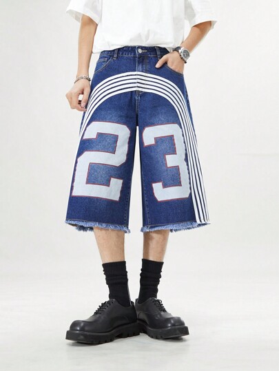 Prep Short en jean décontracté pour homme avec boutons devant, imprimé numérique, style football