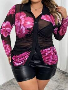 SHEIN CURVE+ Plus Size Casual Sexy V-Neck Open Front Long Sleeve Ruched Color Block Print Blouse For Autumn/Winter,Valentines,Rose,Heart,Polka Dot,Love,Lip,Cupid,3D Flower