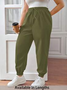 SHEIN PETITE CURVE Plus Size Drawstring Waist Pants, Jogger Pants, Loose Fit - Army Green - View 1