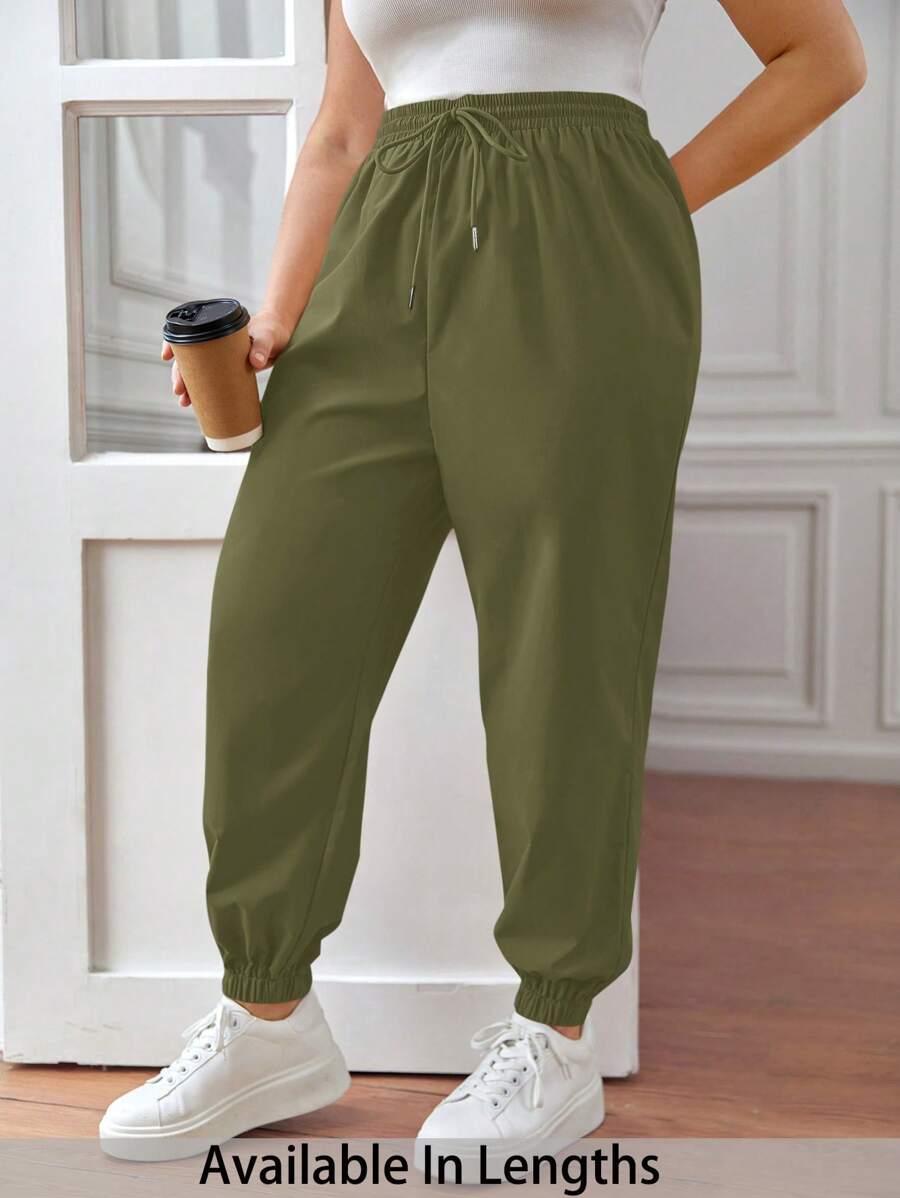 SHEIN PETITE CURVE Plus Size Drawstring Waist Pants, Jogger Pants, Loose Fit - Army Green - View 1