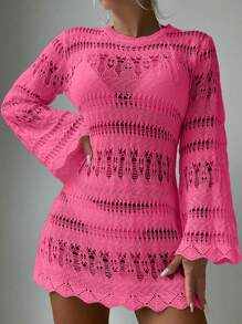 Elenzga Summer Women Plain Crew Neck Long Sleeve Hollow Out Casual Cover Up - Hot Pink - View 3