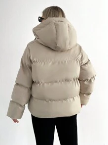 RueChic Plus Solid Zip Up Hooded Padded Coat - Apricot - View 2