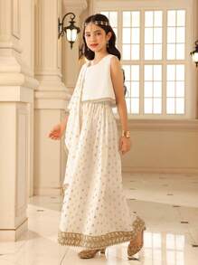 Tween Girls 2 Pieces Set: Rib Knit Halter Neck Tank Top And Gold Dot Print Skirt - White - View 7
