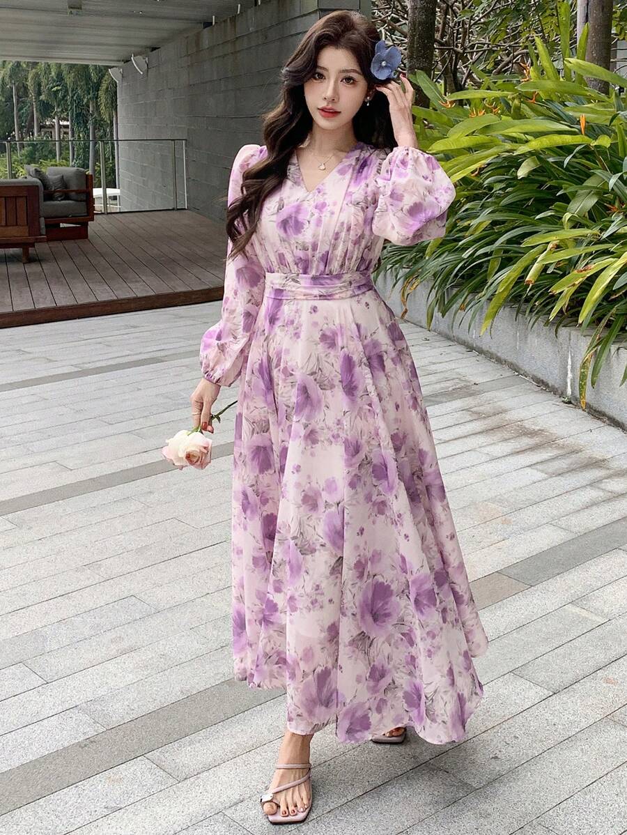 DAZY 女士花卉印花中长度假连衣裙，春秋季长袖连衣裙 - 淡紫色 - 查看 1