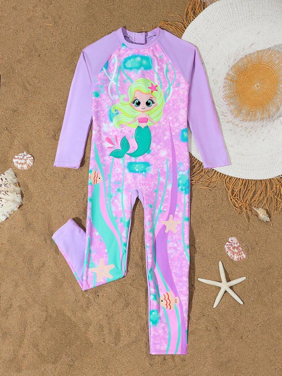 1 Piece Girls Cartoon Print Long Sleeve One-Piece Swimsuit, Adorable Young Girl Vacation Swimwear - Mauve Purple - View 1