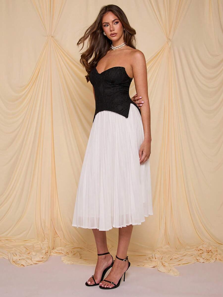 COSMINA Women's Elegant Contrast Color Lace Patchwork Pleated Hem Bandeau Mid-Length Dress - Multicolor - View 1