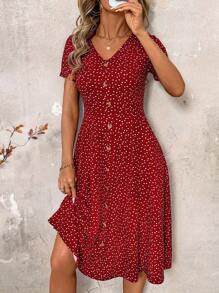 SHEIN Clasi V领纽扣红色圆点腰收腰女式连衣裙，春季服装，情人节连衣裙 - 紅色 - 查看 5