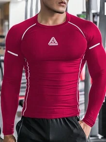 Manfinity Running Men's Slim Fit Contrast Trim Round Neck Long Sleeve Athletic T-Shirt - Red - View 3