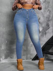 SHEIN SXY Jeans ajustados y elásticos de talla grande para mujer, estilo vitage
