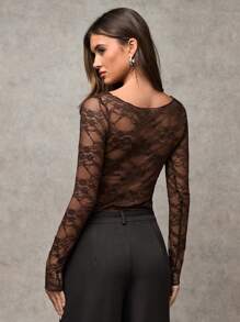 SHEIN BAE 蕾丝上衣，乡村音乐会夏季女士外出上衣，音乐会女士 - 咖啡棕 - 查看 2