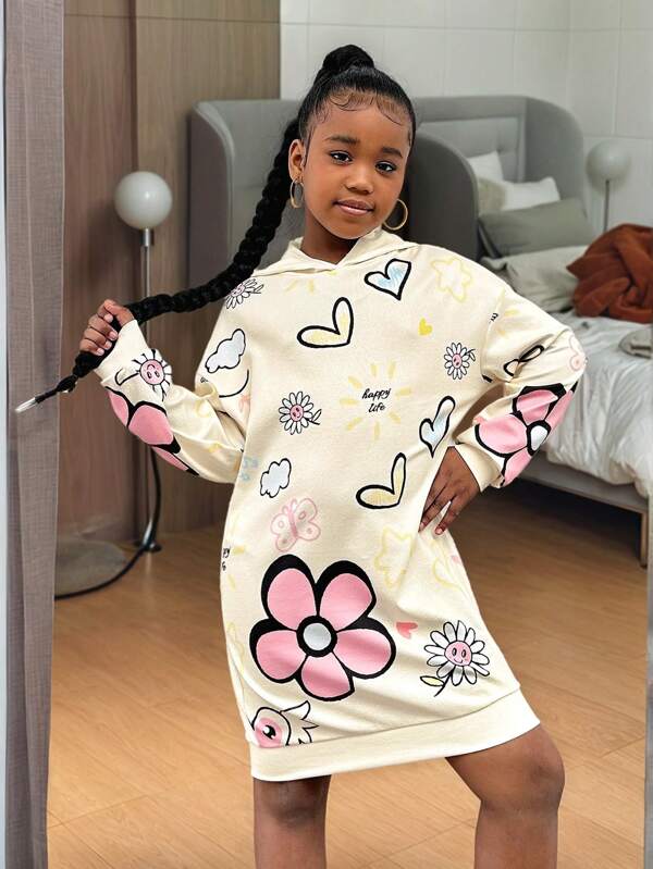 SHEIN Tween Girl Loose Casual Minimalist Comfortable Hooded Long Sweatshirt With Letter Print